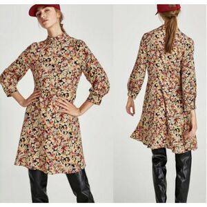 Zara Floral Print High Neck Long Sleeve Dress - Medium - Multicolored